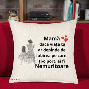 Cadou pentru Mama - Perna Personalizata Mama Nemuritoare Line Art, 40x40 cm, Crem Reliefat, Husa Detasabila, Perna Inclusa, BEKZ®