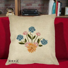 Perna Decorativa Buchet Primavara Acuarela, 40x40 cm, Crem, Husa Detasabila, Perna Inclusa, BEKZ®