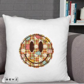 Perna Decorativa Smiley Face de Toamna cu Tartan si Dovlecei, 40x40 cm, Alb Pufos, Husa Detasabila, Perna Inclusa, BEKZ®
