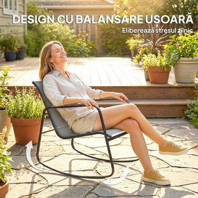 Outsunny Set Bistro din 3 Piese, Set de Grădină cu 2 Scaune de Exterior cu Mișcare de Legănare din Textilenă Respirabilă, Masă cu Blat din Sticlă, Set Masă și Scaune din Oțel pentru Terasă și Balcon, Gri | Aosom Romania