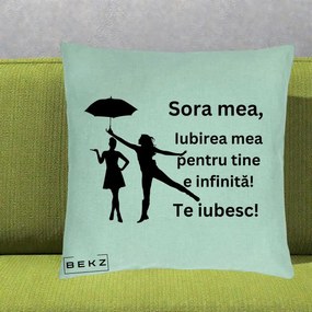 Cadou pentru Sora - Perna Personalizata Sora Mea Te Iubesc Siluete Negre cu Umbrela, 40x40 cm, Verde Menta, Husa Detasabila, Perna Inclusa, BEKZ®