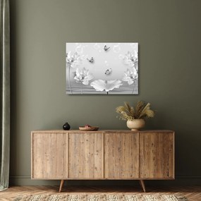 Tablou pe sticlă - Design flori și fluturi (70x50 cm)