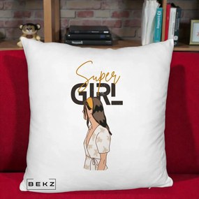 Perna Decorativa Super Girl Aesthetic, 40x40 cm, Alb Pufos, Husa Detasabila, Perna Inclusa, BEKZ®