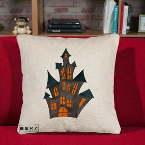 Perna Decorativa Halloween Casa Bantuita Minimalista, 40x40 cm, Bej Canapea, Husa Detasabila, Perna Inclusa, BEKZ®