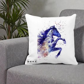 Perna Decorativa Cal Albastru Acuarela, 40x40 cm, Alba Mata, Husa Detasabila, Perna Inclusa, BEKZ®