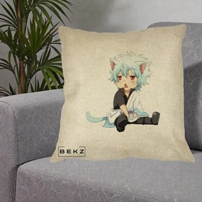 Perna Personalizata Gintama Gintoki Chibi Pisica, 40x40 cm, Crem, Husa Detasabila, Perna Inclusa, BEKZ®
