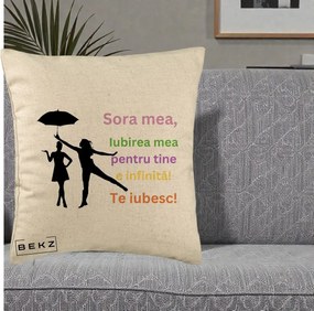Cadou pentru Sora - Perna Personalizata Sora Mea Te Iubesc Siluete Colorate Umbrela, 40x40 cm, Bej, Husa Detasabila, Perna Inclusa, BEKZ®