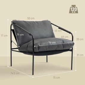 HOMCOM Fotoliu de Sufragerie din Piele PU și Cadru Metalic cu Perne Groase, 74.5x75x77 cm, Gri Antracit | Aosom Romania