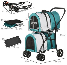 PawHut Cochecito Dublu pentru Câini Pisici Pliabil cu 2 Transportoare Extraibile cu Centură și Perne 66x50x98 cm Verde și Gri | Aosom Romania