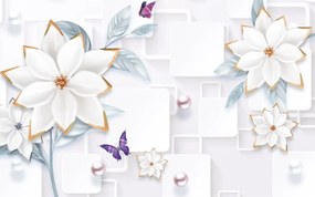 Tapet Premium Canvas - Abstract flori albe cu fluturi