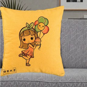 Perna Decorativa Fetita Kawaii cu Baloane si Cupcake, 40x40 cm, Galben, Husa Detasabila, Perna Inclusa, BEKZ®