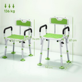 HOMCOM Taburet scaun de duș ergonomic înălțime reglabilă picioare antiderapante 56,5 x 53,5 x 87 cm blanc et vert | Aosom Romania