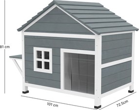 PawHut Casă pentru pisici din lemn, 2 etaje, acoperiș rabatabil rezistent la apă, platformă laterală, 101x72,5x81cm, Gri | Aosom Romania