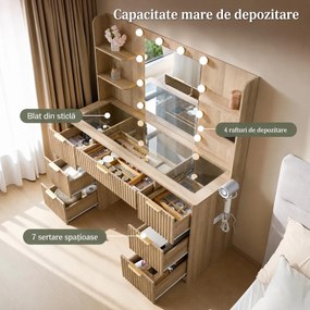 Masuta machiaj 120 cm, Alba sau Maro cu Oglinda LED si 7 Sertare pentru Cosmetice, Set Masa toaleta cu 2 Prize, USB si USB-C, masuta cosmetica,