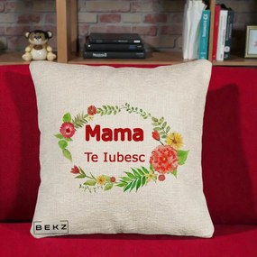 Cadou pentru Mama - Perna Personalizata Mama Te Iubesc Flori Rosii, 40x40 cm, Bej Canapea, Husa Detasabila, Perna Inclusa, BEKZ®