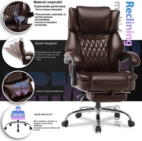 RESIGILAT- Scaun directorial, spatar inalt, suport pentru picioare, perna lombara detasabila, spatar rabatabil, captuseala groasa respirabila, sustinere extra, piele eco Premium, Maro