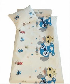 Set 5 piese Lenjerie Lilo si Stitch  saltele 160x80 compatibile cu pat 2-12 ani + Pilota + Perna - ASC6427968008147
