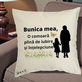 Cadou pentru Bunica - Perna Personalizata Bunica Mea Comoara Iubire Intelepciune Varianta Extinsa, 40x40 cm, Ecru, Husa Detasabila, Perna Inclusa, BEKZ®