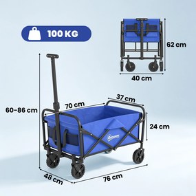 Outsunny Trolley de 62L pentru Festivaluri pe Roți, Cărucior de Grădină Pliabil, Wagon Compact cu Capacitate 120kg, Mâner Reglabil și Geantă pentru Plajă, Camping, Festivaluri, Albastru | Aosom Romania