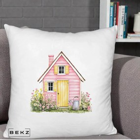 Perna Decorativa Casuta Roz Acuarela cu Gradina, 40x40 cm, Alb Pufos, Husa Detasabila, Perna Inclusa, BEKZ®