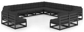 vidaXL Set mobilier grădină perne, 13 piese, negru, lemn masiv pin