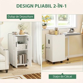 HOMCOM Mobilier pentru Masa de Călcat Pliabil cu Roți, Raft Reglabil și Închidere Soft Close, din Lemn și Material Textil, 128x43x83 cm, Alb | Aosom Romania