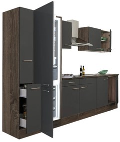 Mobilă de bucătărie Yorki 300, corp din stejar Yorki, față antracit satinat, frigider cu congelator în partea de jos
