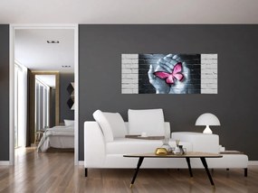 Tablou - Fluture roz în perete (120x50 cm)