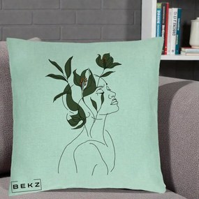 Perna Decorativa Portret Feminin Crin Verde, 40x40 cm, Verde Menta, Husa Detasabila, Perna Inclusa, BEKZ®