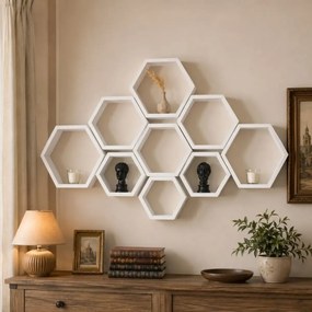 Set 9 rafturi perete Hexa Culoare alb,Homs,Seia A620,lemn natur
