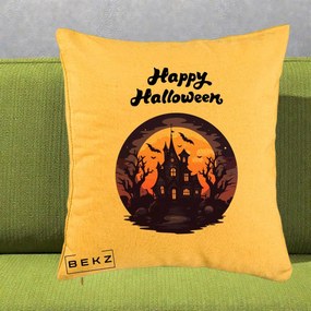 Perna Decorativa Happy Halloween Casa Bantuita Violet, 40x40 cm, Galben, Husa Detasabila, Perna Inclusa, BEKZ®