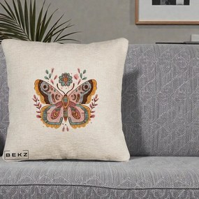 Perna Decorativa Fluture Boho Floral, 40x40 cm, Bej Canapea, Husa Detasabila, Perna Inclusa, BEKZ®
