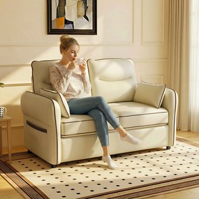 HOMCOM Divan 2 Locuri Imbottit din Piele Sintetică cu Bord Contrastant, Divan Living cu Perne Groase, 2 Perne Detasabile și Lavabile, Brațe și Buzunare Laterale, 136x81x90 cm, Bej | Aosom Romania