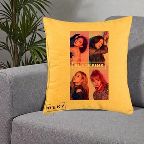 Perna Personalizata K-pop BLACKPINK Poster Colaj 4 Membre Violet Roz, 40x40 cm, Galben, Husa Detasabila, Perna Inclusa, BEKZ®
