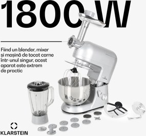Klarstein Lucia, robot de bucatarie, 3 in 1, 1800 W / 2,7 PS, 5l, otel inoxidabil, fara BPA