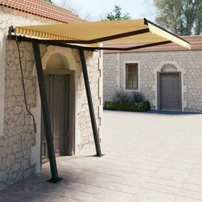 vidaXL Copertină retractabilă manual cu stâlpi galben&amp;alb 3,5x2,5 m