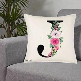 Cadou Personalizat - Perna Personalizata Monograma Florala Litera J, 40x40 cm, Crem Reliefat, Husa Detasabila, Perna Inclusa, BEKZ®