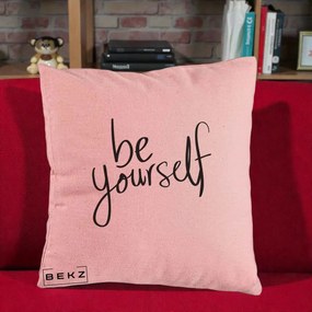 Perna Decorativa Be Yourself Caligrafie Neagra, 40x40 cm, Roz, Husa Detasabila, Perna Inclusa, BEKZ®