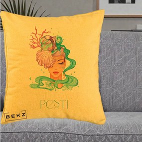 Perna Personalizata Zodiac Pesti Cowgirl, 40x40 cm, Galben, Husa Detasabila, Perna Inclusa, BEKZ®