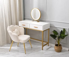 Set IASMINA – Masă de Toaletă pentru Machiaj, Oglindă Iluminată LED, Control Touch, 2 sertare, Scaun, Alb