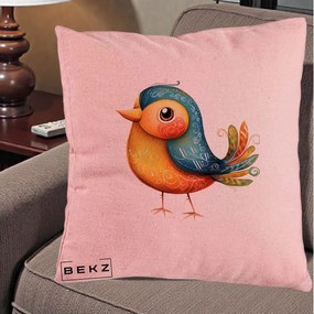 Perna Decorativa Pasare Folk Art Portocalie-Teal, 40x40 cm, Roz, Husa Detasabila, Perna Inclusa, BEKZ®