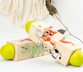 Mini puzzle cu cilindri cu animale, jucărie din lemn Montessori