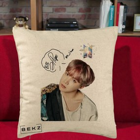 Perna Personalizata K-pop BTS J-Hope Par Roz Autograf, 40x40 cm, Bej, Husa Detasabila, Perna Inclusa, BEKZ®