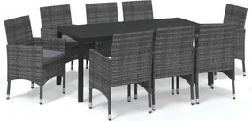 vidaXL Set de masă pentru grădină cu perne, 9 piese, gri, poliratan