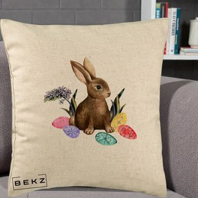 Perna Decorativa Iepuras cu Oua de Pasti Acuarela, 40x40 cm, Bej, Husa Detasabila, Perna Inclusa, BEKZ®