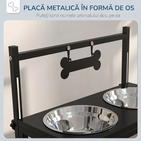 PawHut Boluri pentru Câini cu Înălțime Reglabilă și Plăcuță de Identificare, 2 Boluri din Oțel pentru Apă și Mâncare, 40.5x22x39 cm, Negru