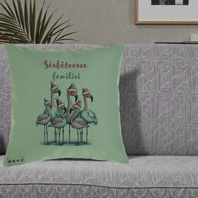 Perna Decorativa Flamingo Craciun Sarbatoarea Familiei, 40x40 cm, Verde, Husa Detasabila, Perna Inclusa, BEKZ®