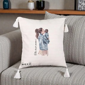 Cadou pentru Mama - Perna Personalizata The Best Mom Jachete, 40x40 cm, Bej cu Franjuri, Husa Detasabila, Perna Inclusa, BEKZ®