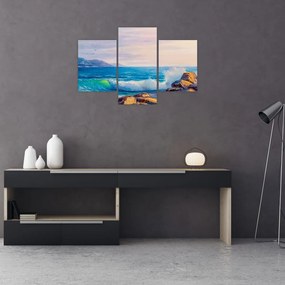 Tablou - Valuri lovind stânci, pictură în ulei (90x60 cm)