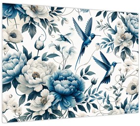 Tablou pe sticlă - Colibri cu flori (70x50 cm)